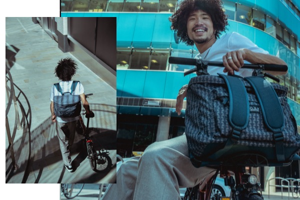 2 images of model with the Brompton x Liberty Metro Backpack M Metropolis worn as backpack and attached to Brompton bike