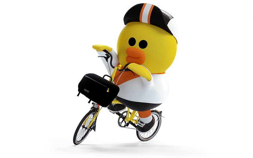 Line Friends character Sally the duck riding the Sally Edition yellow Brompton