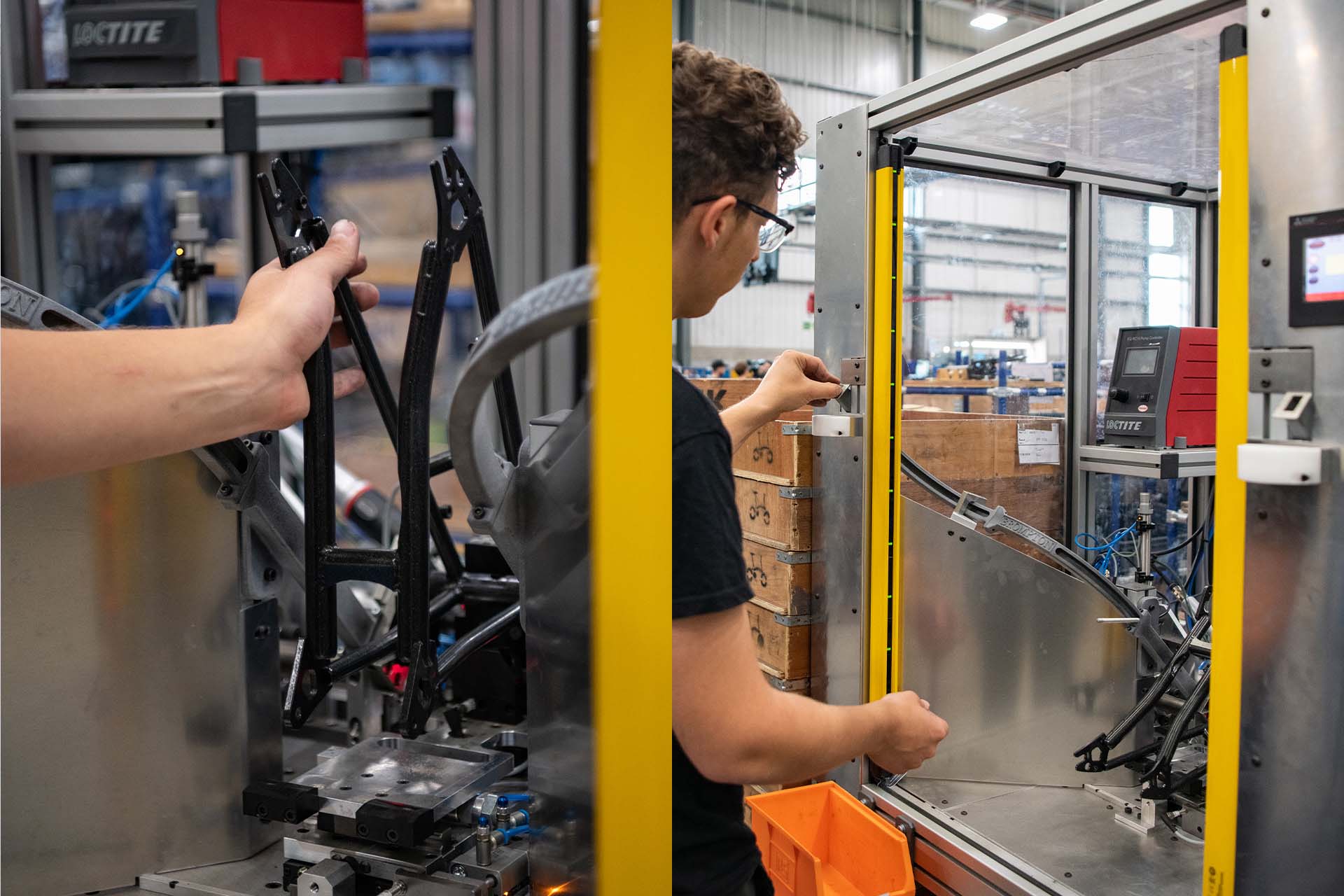 Person securing Brompton frame at a set angle inside sealed machine unit