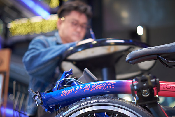 A close up of the Brompton bicycle designed in collaboration with Jahan Loh
