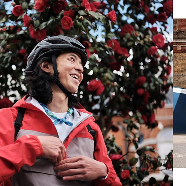 Jun Chan smiling in helmet and Endura x Brompton Munich Waterproof Jacket