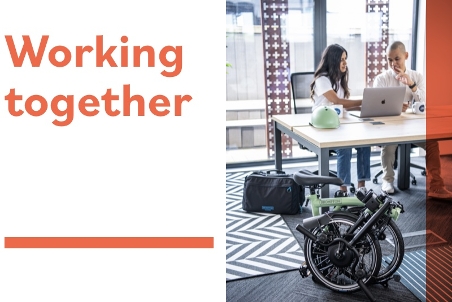 The Brompton team working together with orange graphic text "Working together"