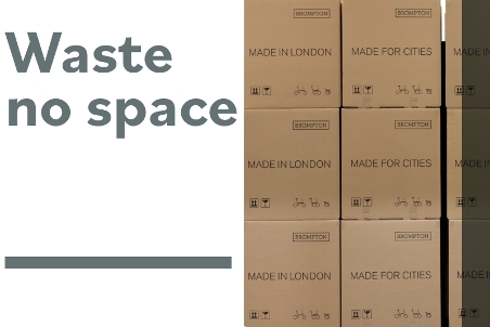 A 3x3 stack of Brompton boxes with the graphic text "Waste no space"